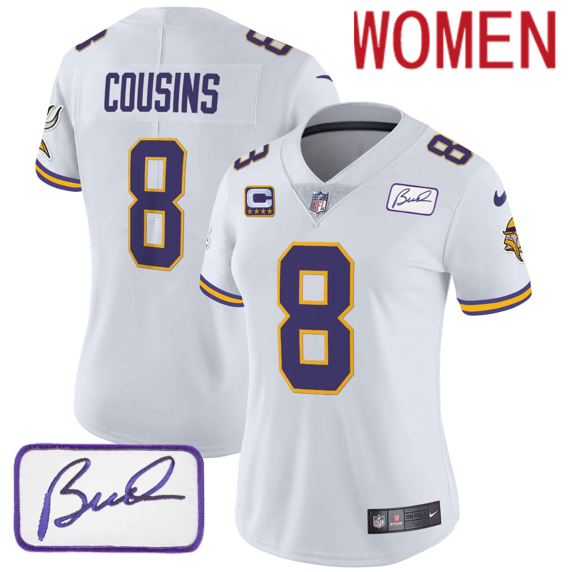 Women Minnesota Vikings 8 Cousins White 2024 Nike Bud Grant Patch Classic Limited NFL Jersey style 1